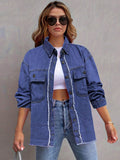 Pocketed Collared Neck Long Sleeve Denim Shirt - Delanoir