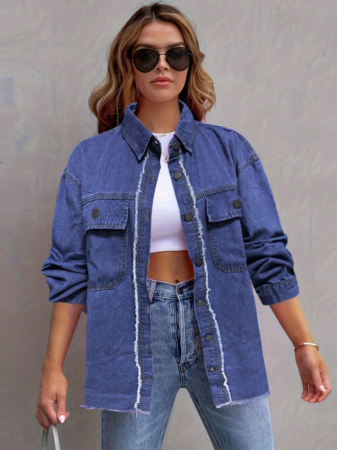 Pocketed Collared Neck Long Sleeve Denim Shirt - Delanoir