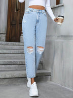 Distressed High Rise Jeans with Pockets - Delanoir