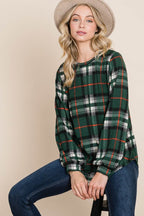 BOMBOM Curved Hem Plaid Round Neck Long Sleeve Top - Delanoir