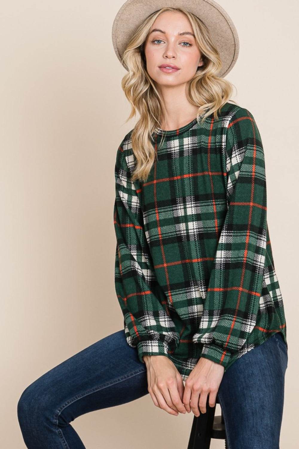 BOMBOM Curved Hem Plaid Round Neck Long Sleeve Top - Delanoir