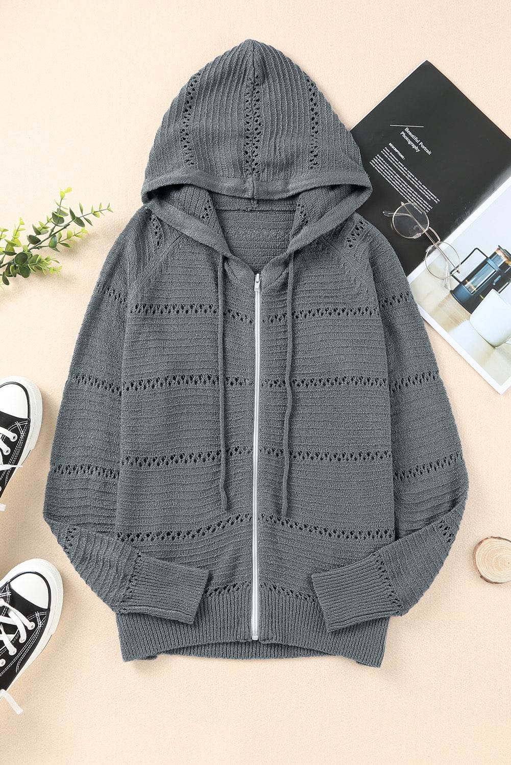 Zip-Up Raglan Sleeve Openwork Hooded Cardigan - Delanoir