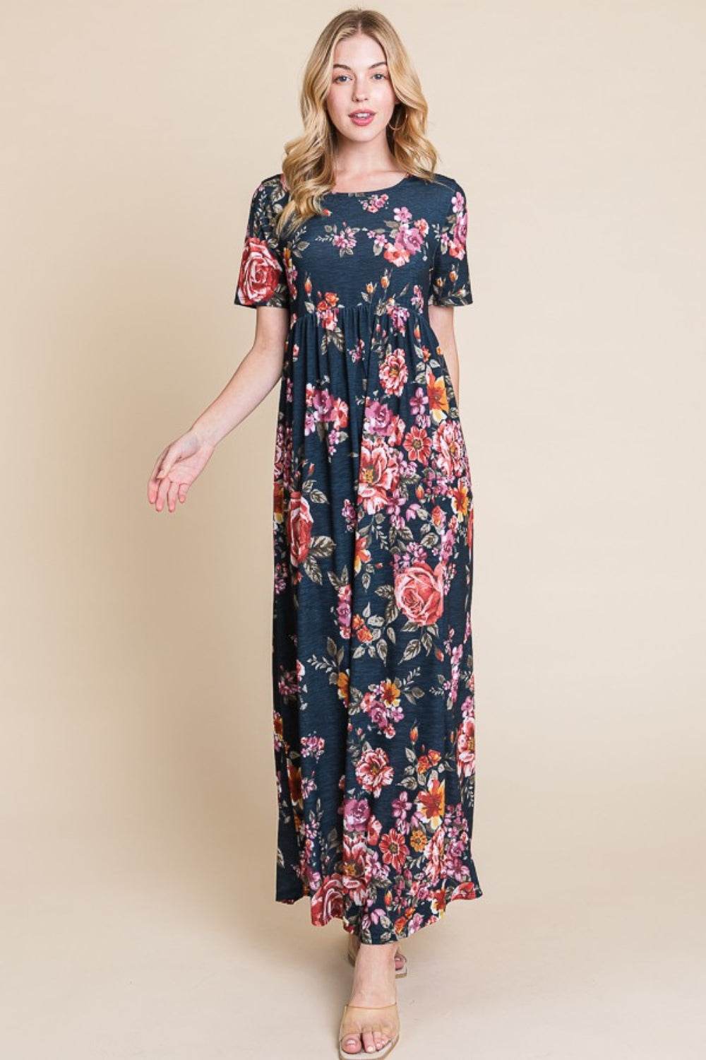 BOMBOM Floral Short Sleeve Maxi Dress - Delanoir