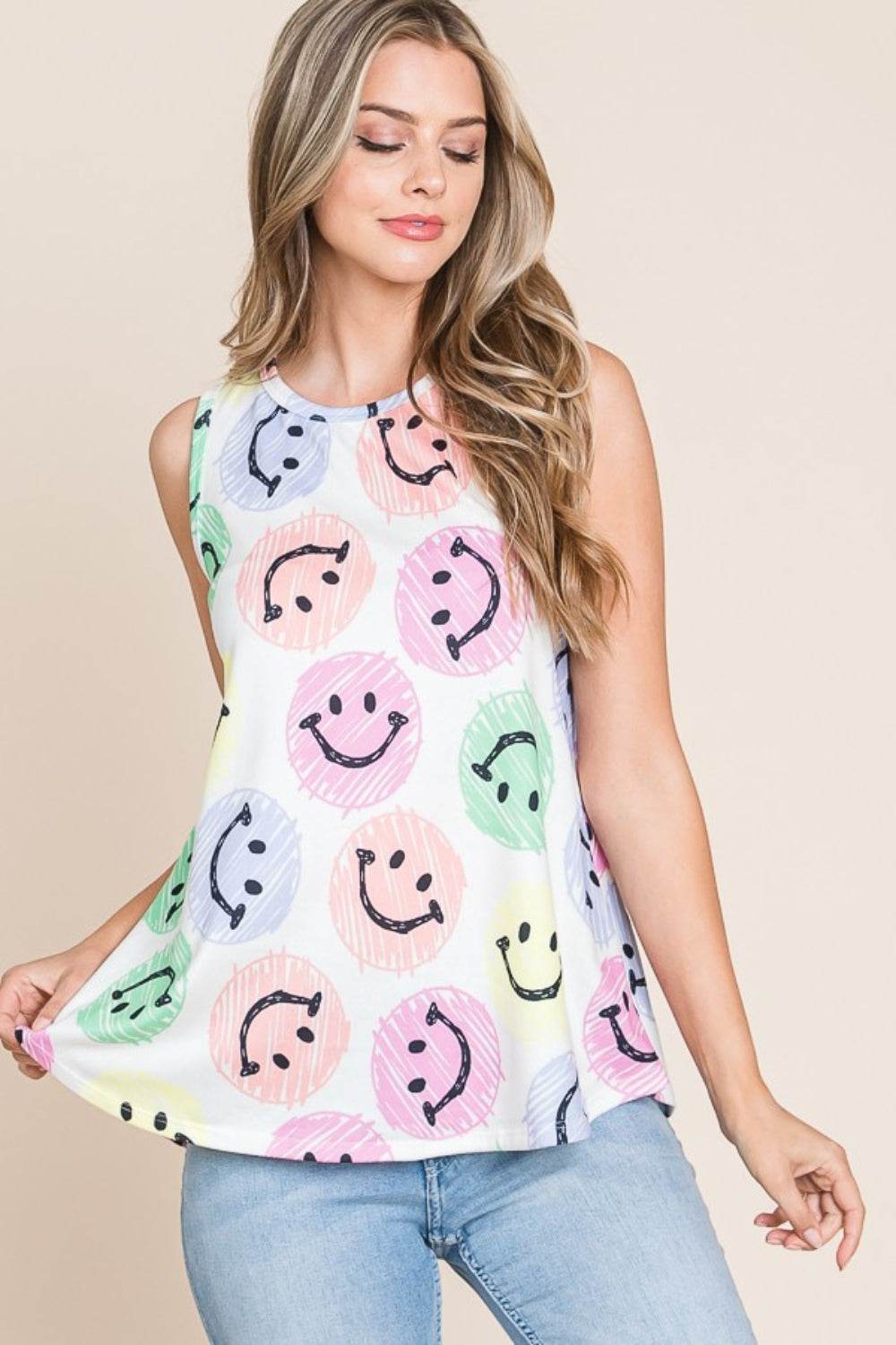 BOMBOM Smiley Face Round Neck Tank - Delanoir