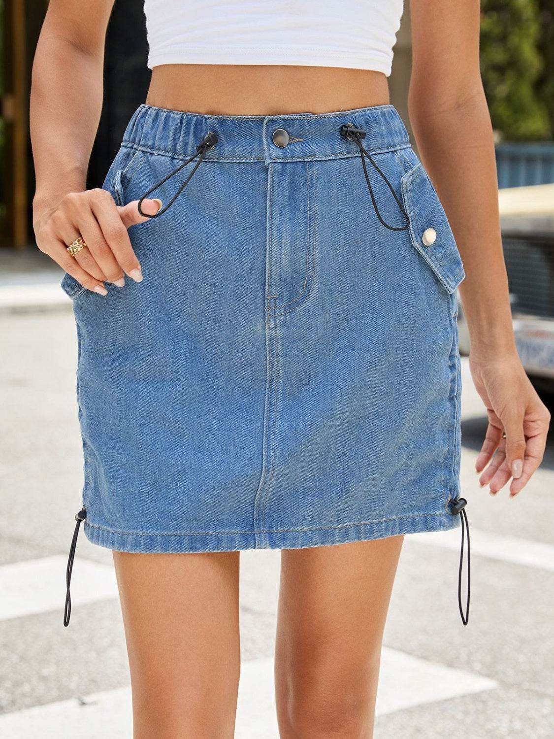 Drawstring Denim Skirt with Pockets - Delanoir