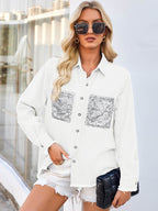 Raw Hem Button Up Long Sleeve Denim Jacket with Sequin Pockets - Delanoir