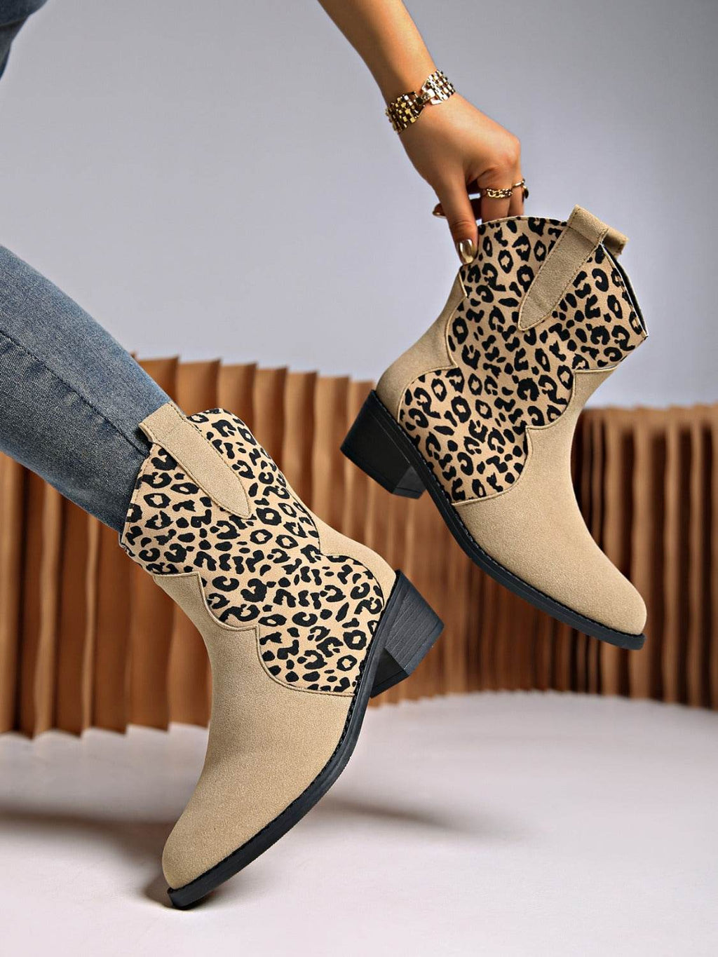Leopard Suede Block Heel Boots - Delanoir