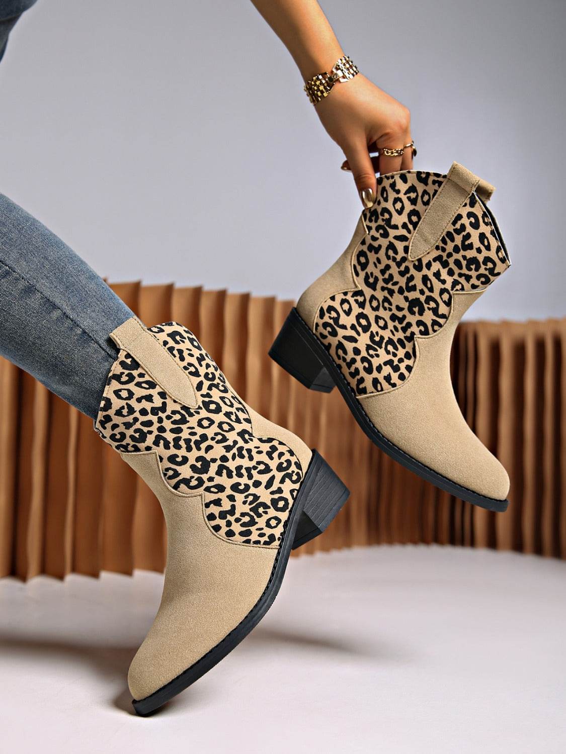 Leopard Suede Block Heel Boots - Delanoir