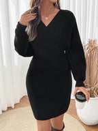 Perfee Surplice Long Sleeve Sweater Dress - Delanoir