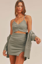 MABLE 3 Pieces Sweater Set with Crop Cami, Mini Skirt, Cardigan - Delanoir