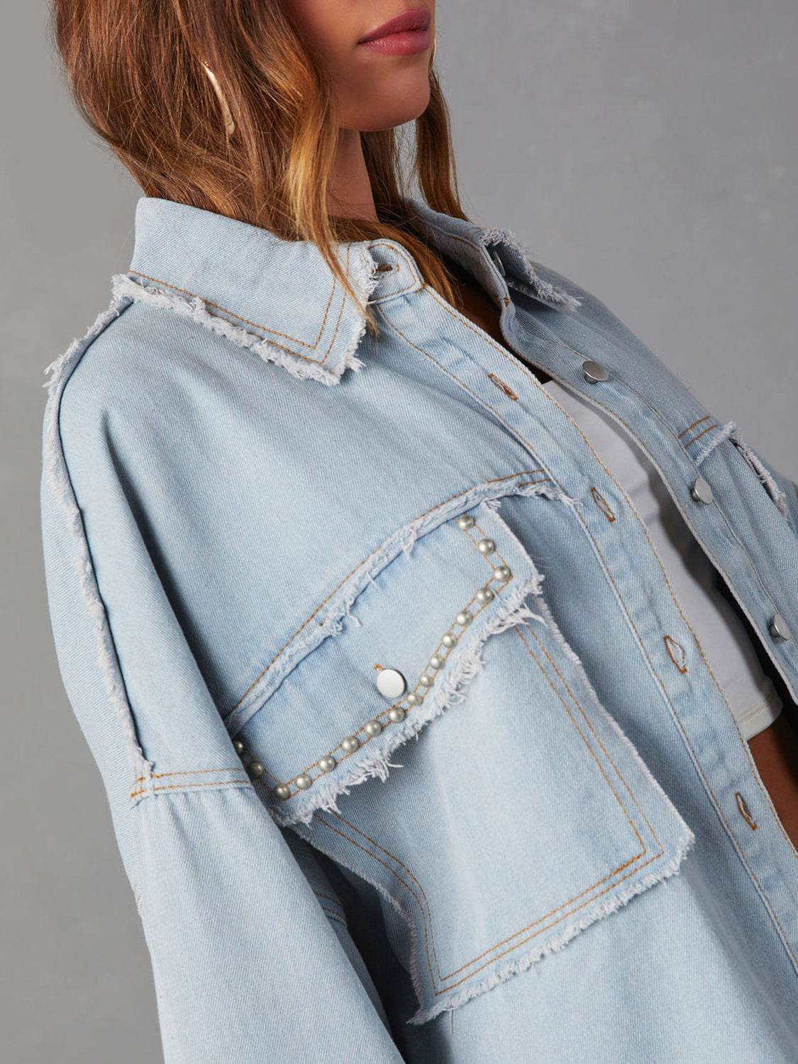 Button Down Raw Hem Denim Jacket - Delanoir