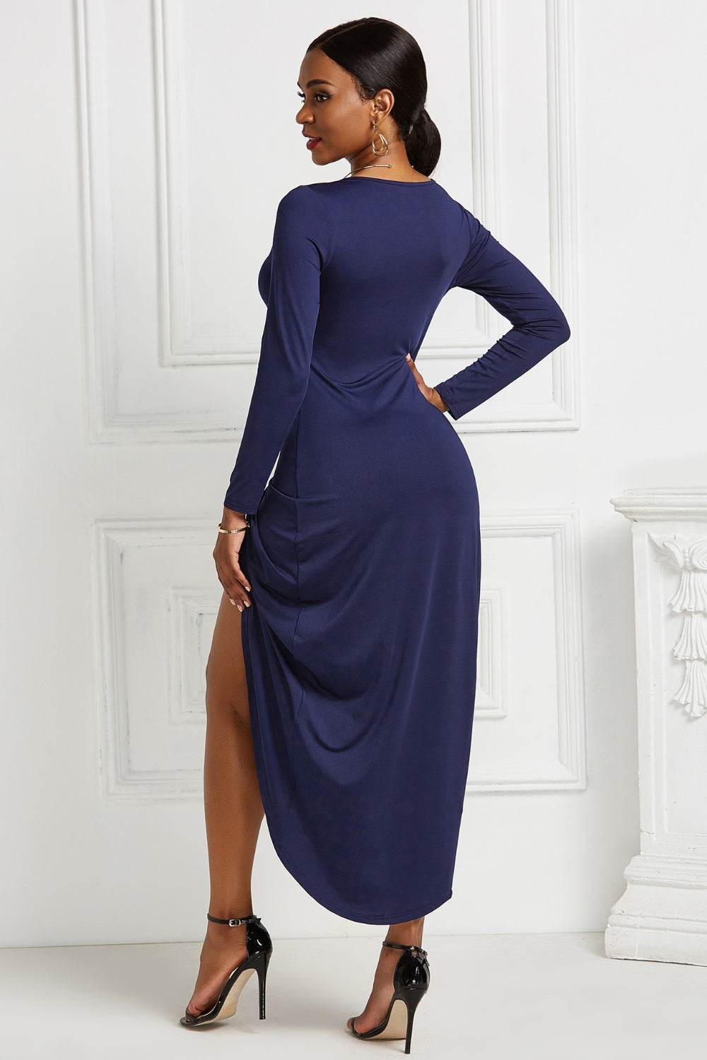 High-low Ruched Surplice Long Sleeve Dress - Delanoir