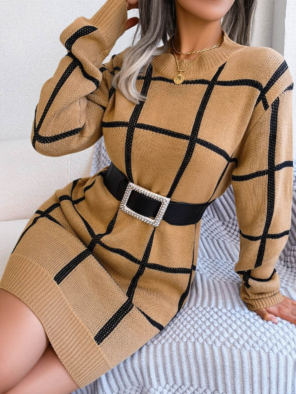 Plaid Round Neck Dropped Shoulder Sweater Dress - Delanoir