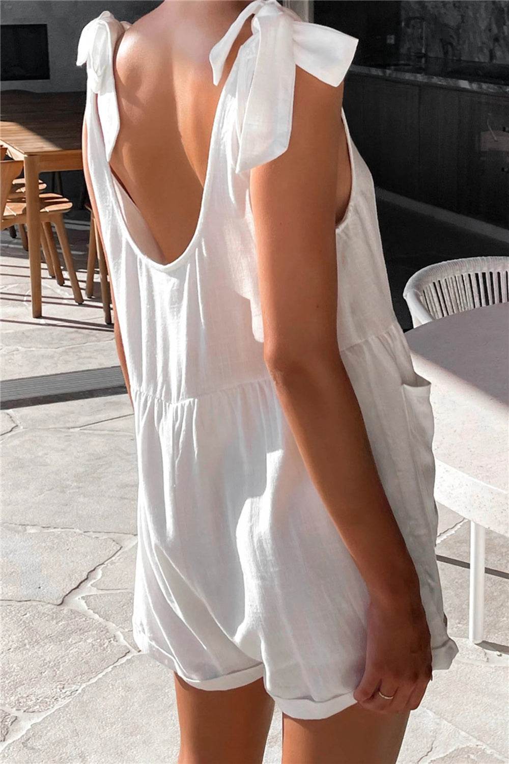 Full Size Scoop Neck Tie Shoulder Romper - Delanoir