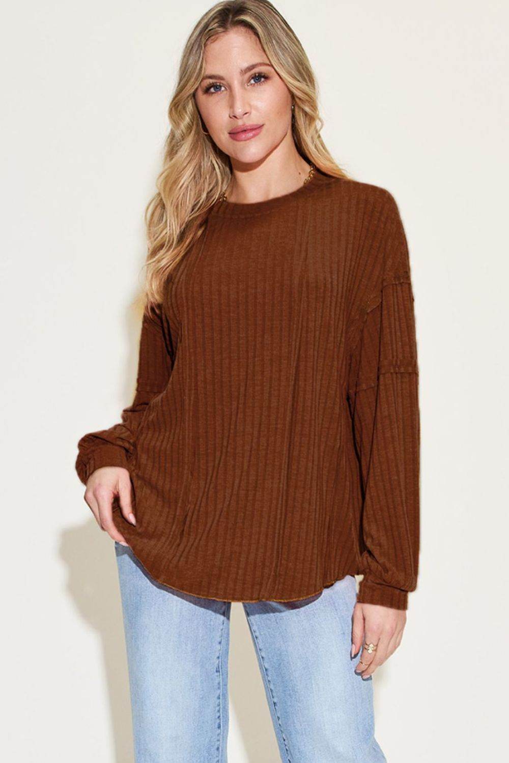 Basic Bae Full Size Ribbed Round Neck Long Sleeve T-Shirt - Delanoir
