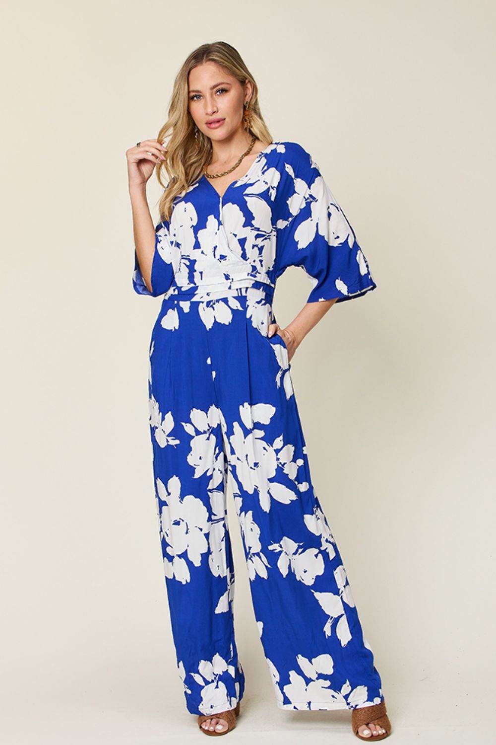 Double Take Full Size Printed Tie Back Wide Leg Jumpsuit - Delanoir