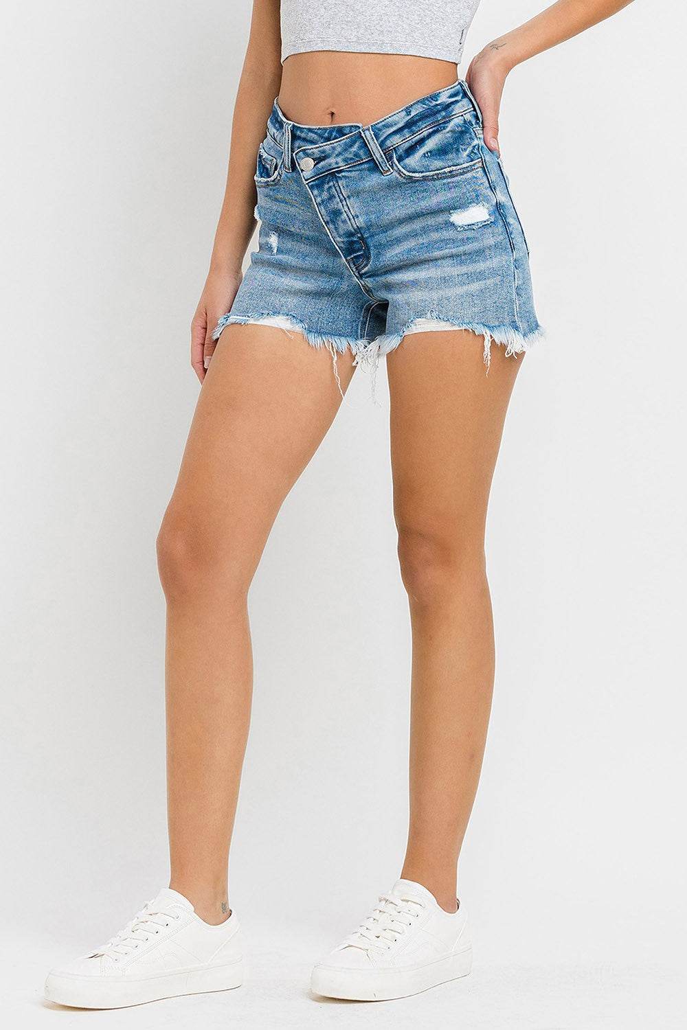 Lovervet Stepped Waist Raw Hem Denim Shorts - Delanoir
