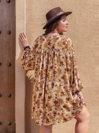 Plus Size Printed V-Neck Balloon Sleeve Mini Dress - Delanoir