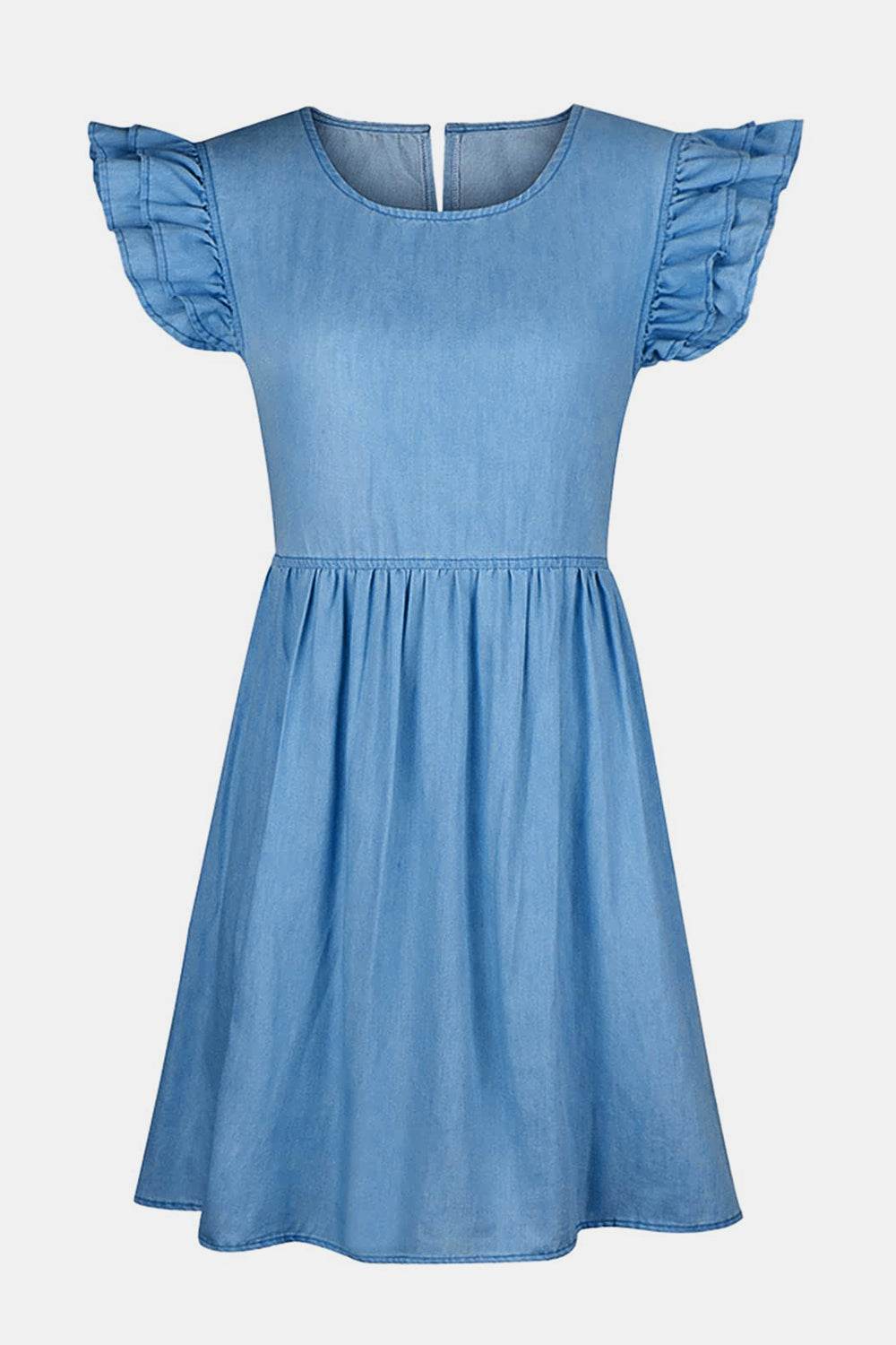 Full Size Ruffled Round Neck Cap Sleeve Denim Dress - Delanoir