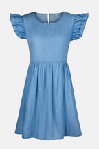 Full Size Ruffled Round Neck Cap Sleeve Denim Dress - Delanoir