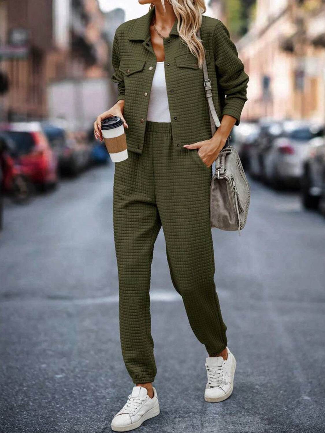 Plaid Texture Snap Down Top and Pants Set - Delanoir