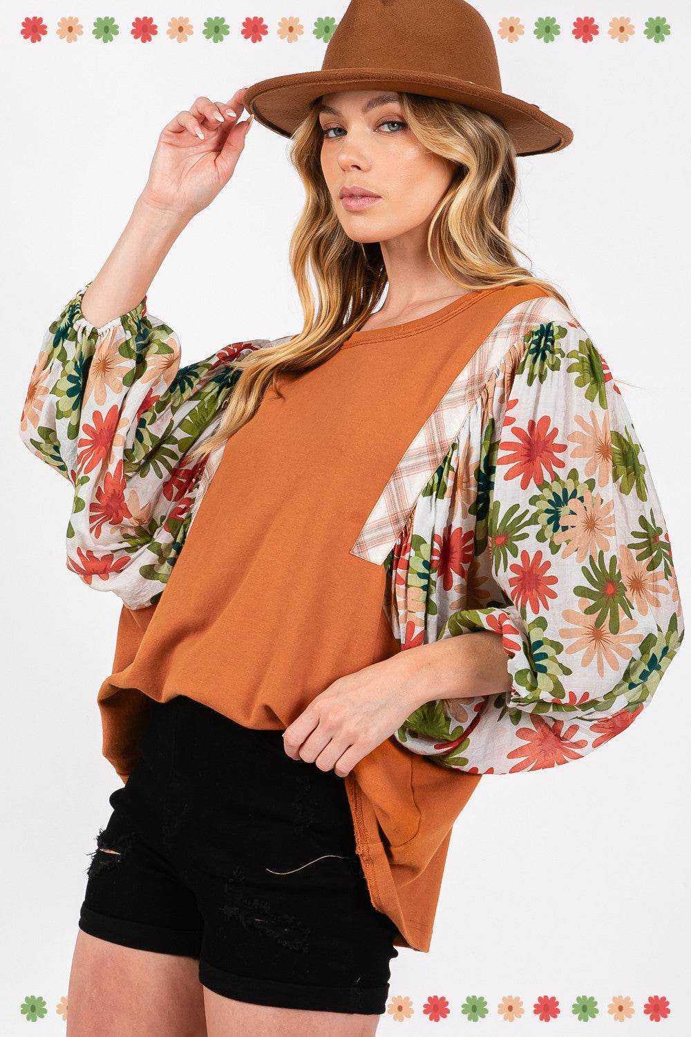 SAGE + FIG Full Size Printed Balloon Sleeve Contrast Top - Delanoir