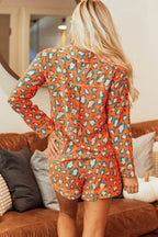 Leopard Collared Neck Long Sleeve Top and Shorts Lounge Set - Delanoir