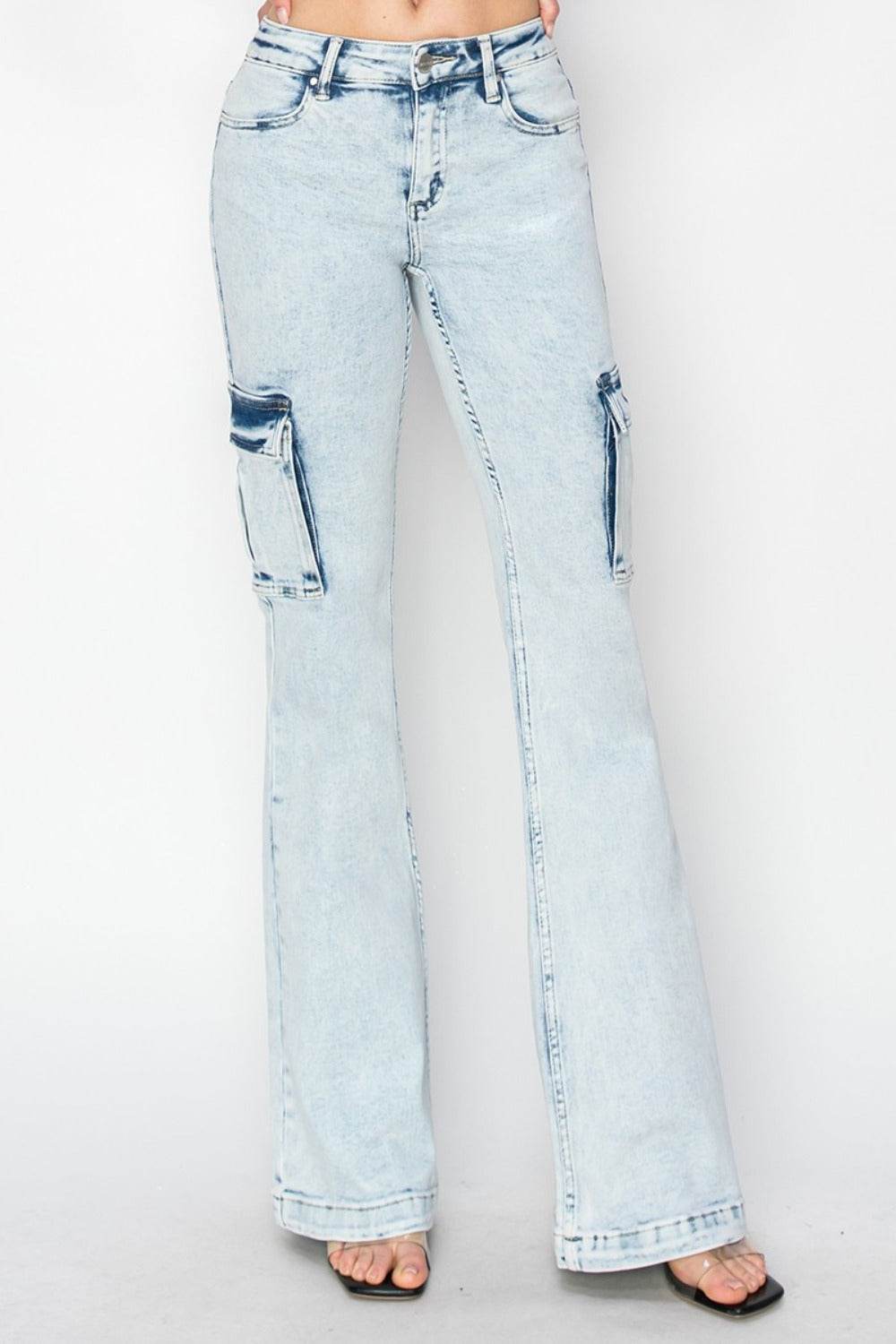 RISEN Full Size High Rise Cargo Flare Jeans - Delanoir