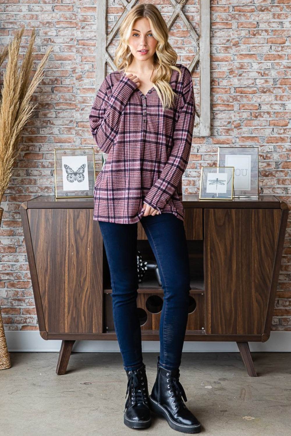 Heimish Full Size Plaid V-Neck Long Sleeve Top - Delanoir