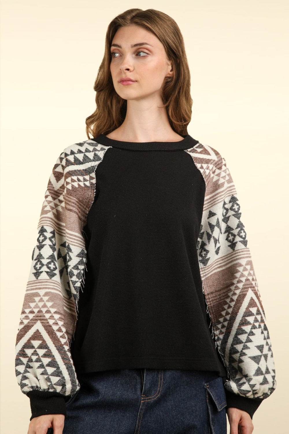 VERY J Printed Long Sleeve Round Neck Knit Top - Delanoir