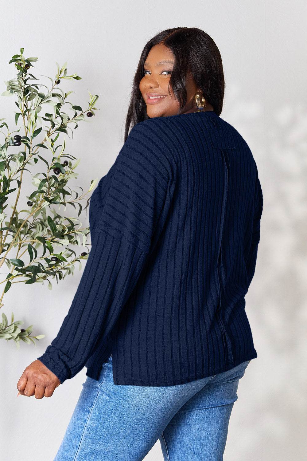 Basic Bae Full Size Ribbed Round Neck Slit Knit Top - Delanoir