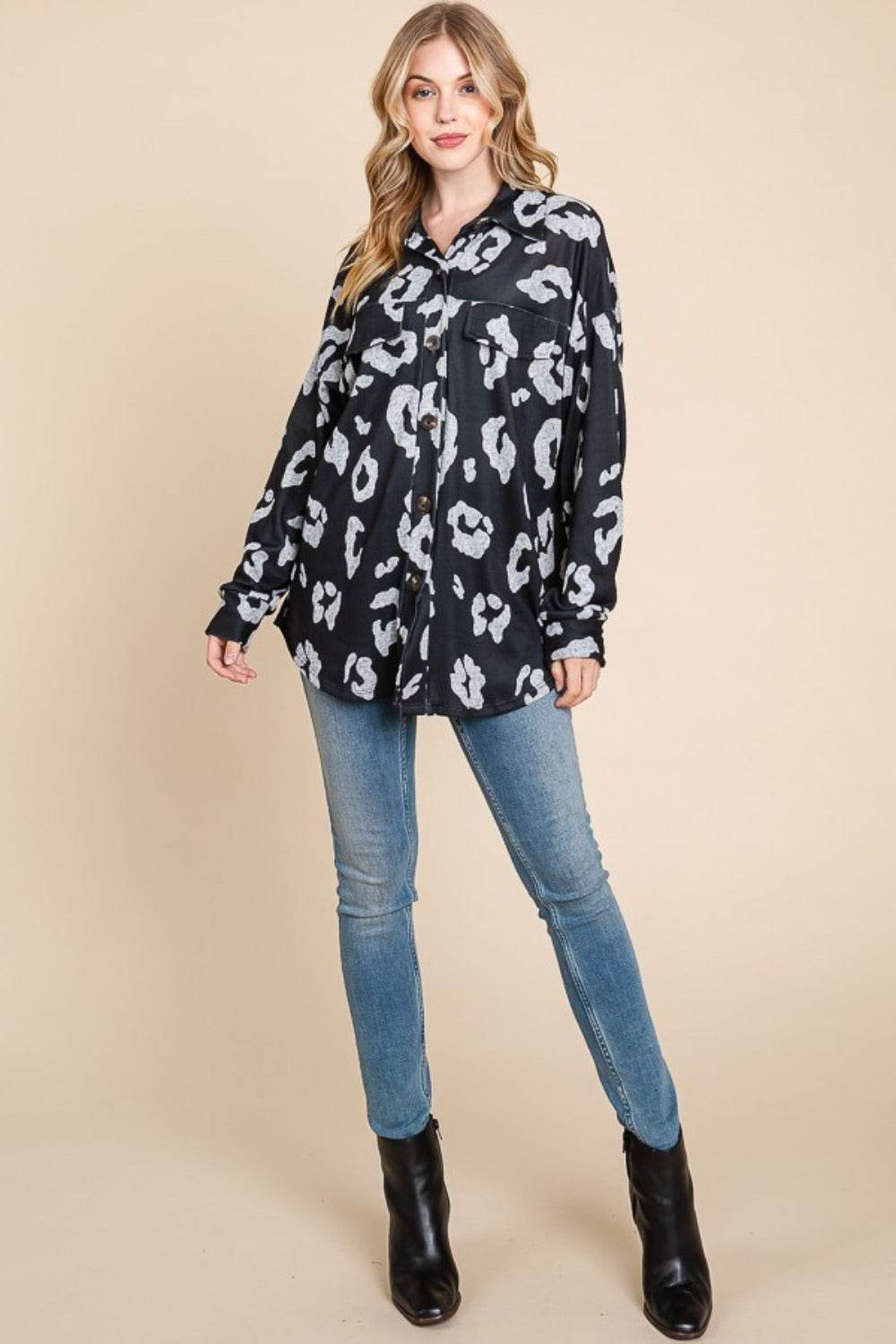 BOMBOM Animal Print Button Up Knit Shacket - Delanoir