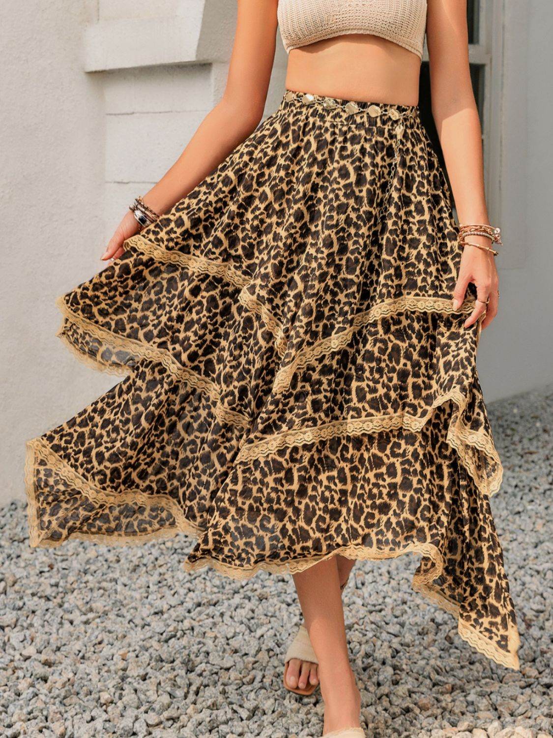 Lace Detail Layered Printed Skirt - Delanoir