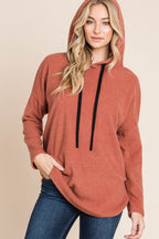 BOMBOM Contrast Drawstring Drop Shoulder Knit Hoodie - Delanoir