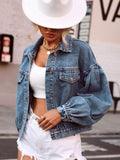 Collared Neck Dropped Shoulder Denim Top - Delanoir