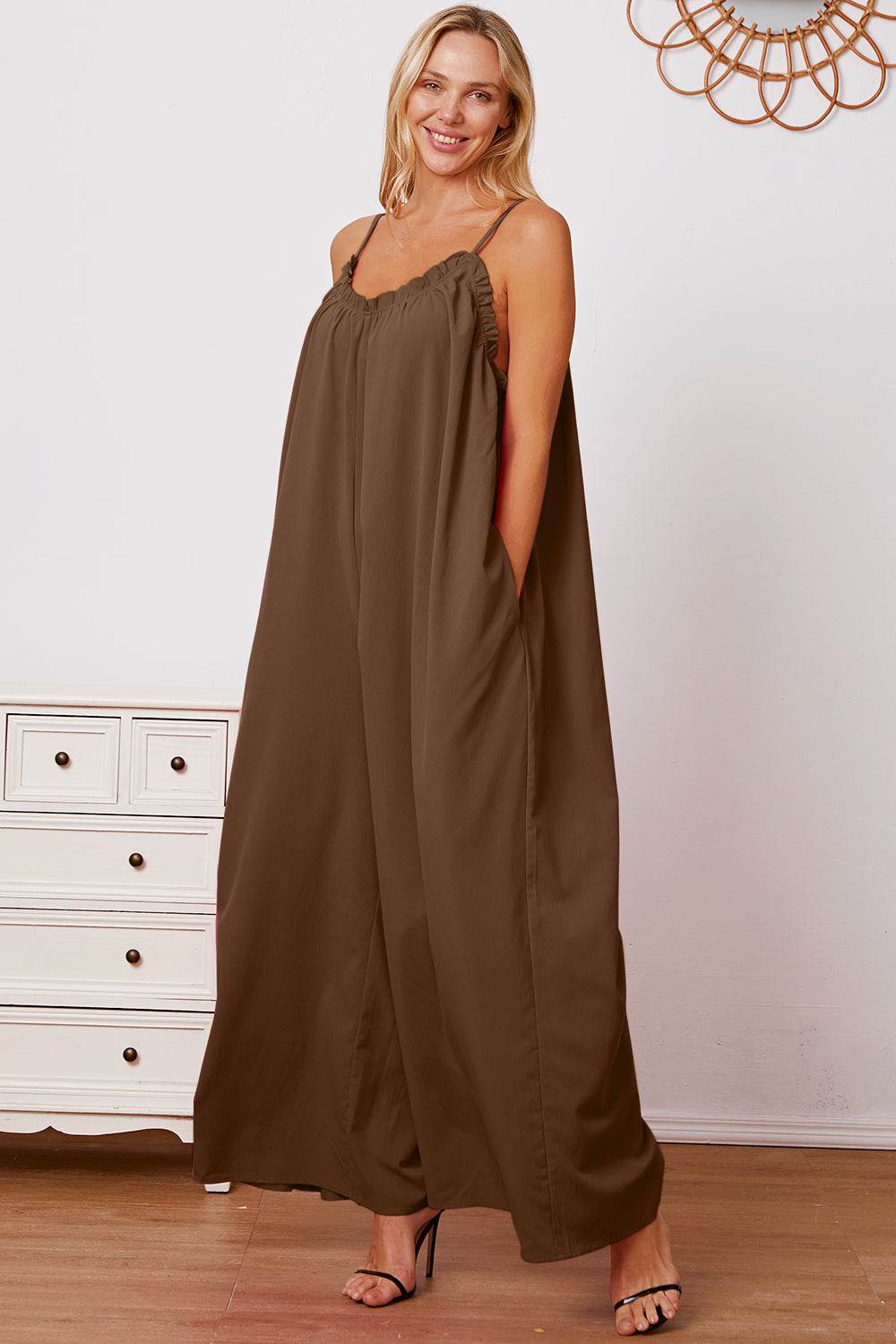 Double Take Full Size Ruffle Trim Tie Back Cami Jumpsuit with Pockets - Delanoir