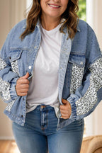 Plus Size Leopard Long Sleeve Denim Jacket - Delanoir