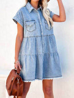 Raw Hem Short Sleeve Denim Dress - Delanoir