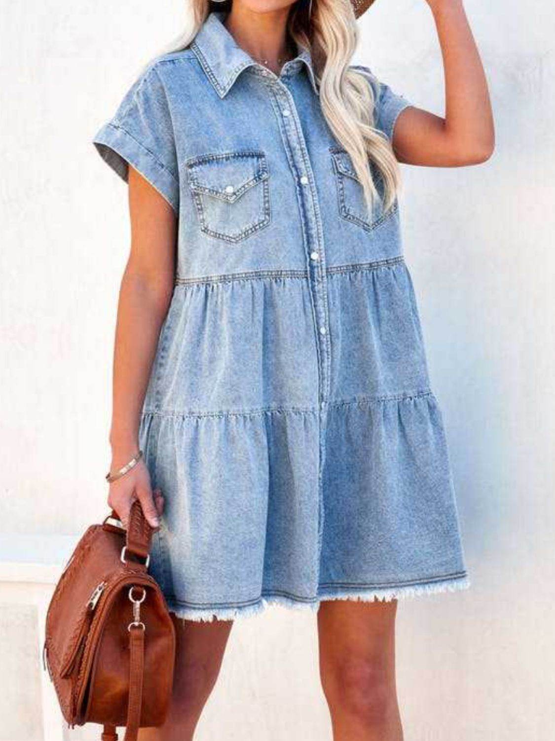 Raw Hem Short Sleeve Denim Dress - Delanoir