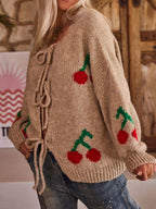 Tied Cherry Round Neck Long Sleeve Cardigan - Delanoir