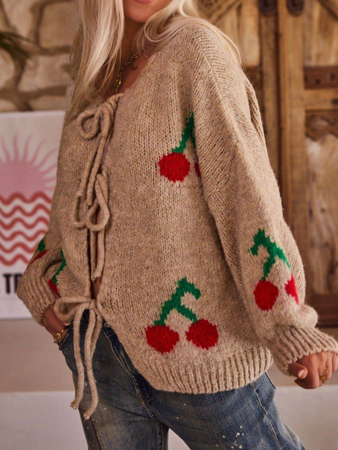 Tied Cherry Round Neck Long Sleeve Cardigan - Delanoir