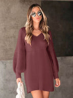 Perfee V-Neck Long Sleeve Sweater Dress - Delanoir