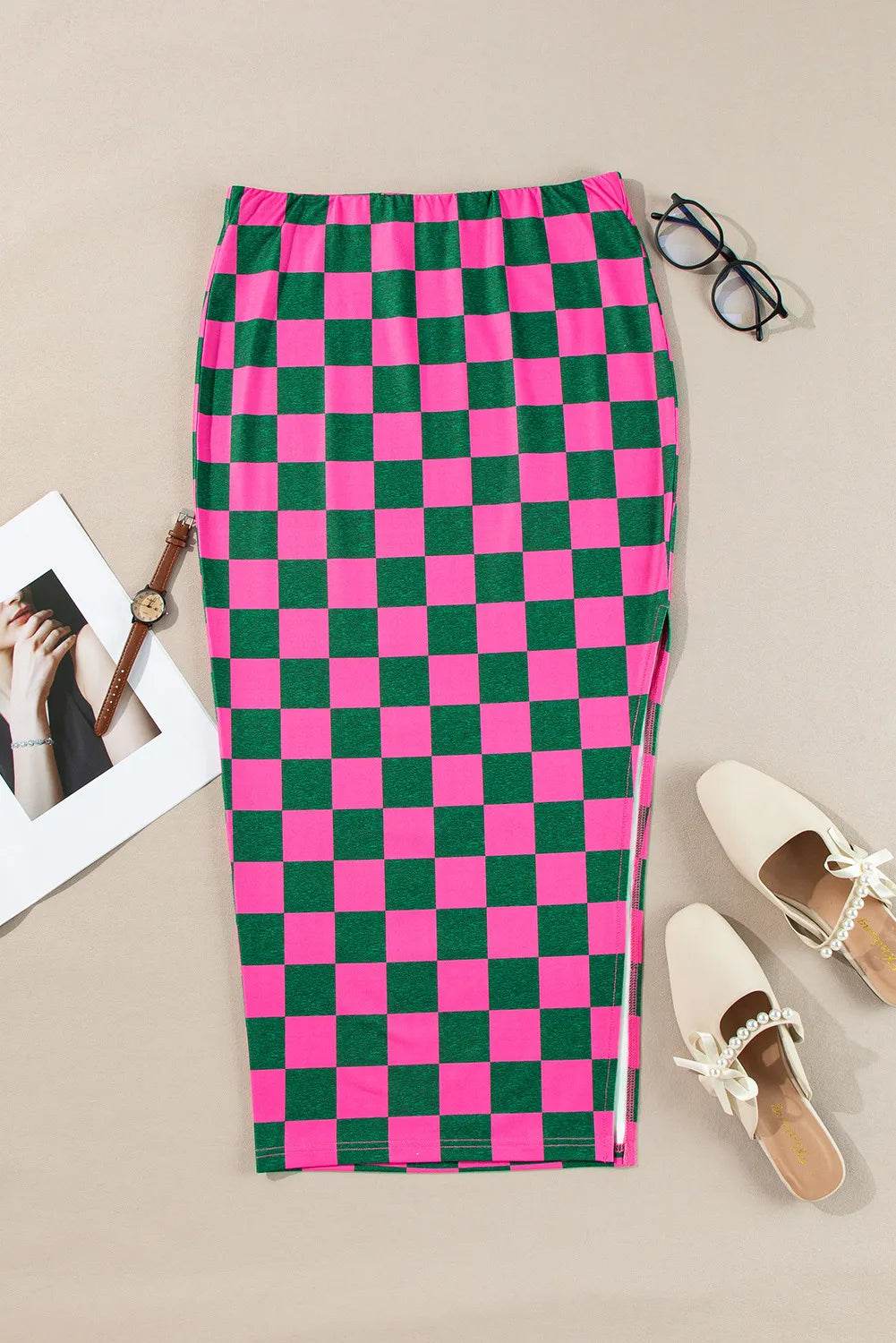 Split Checkered Midi Skirt - Delanoir