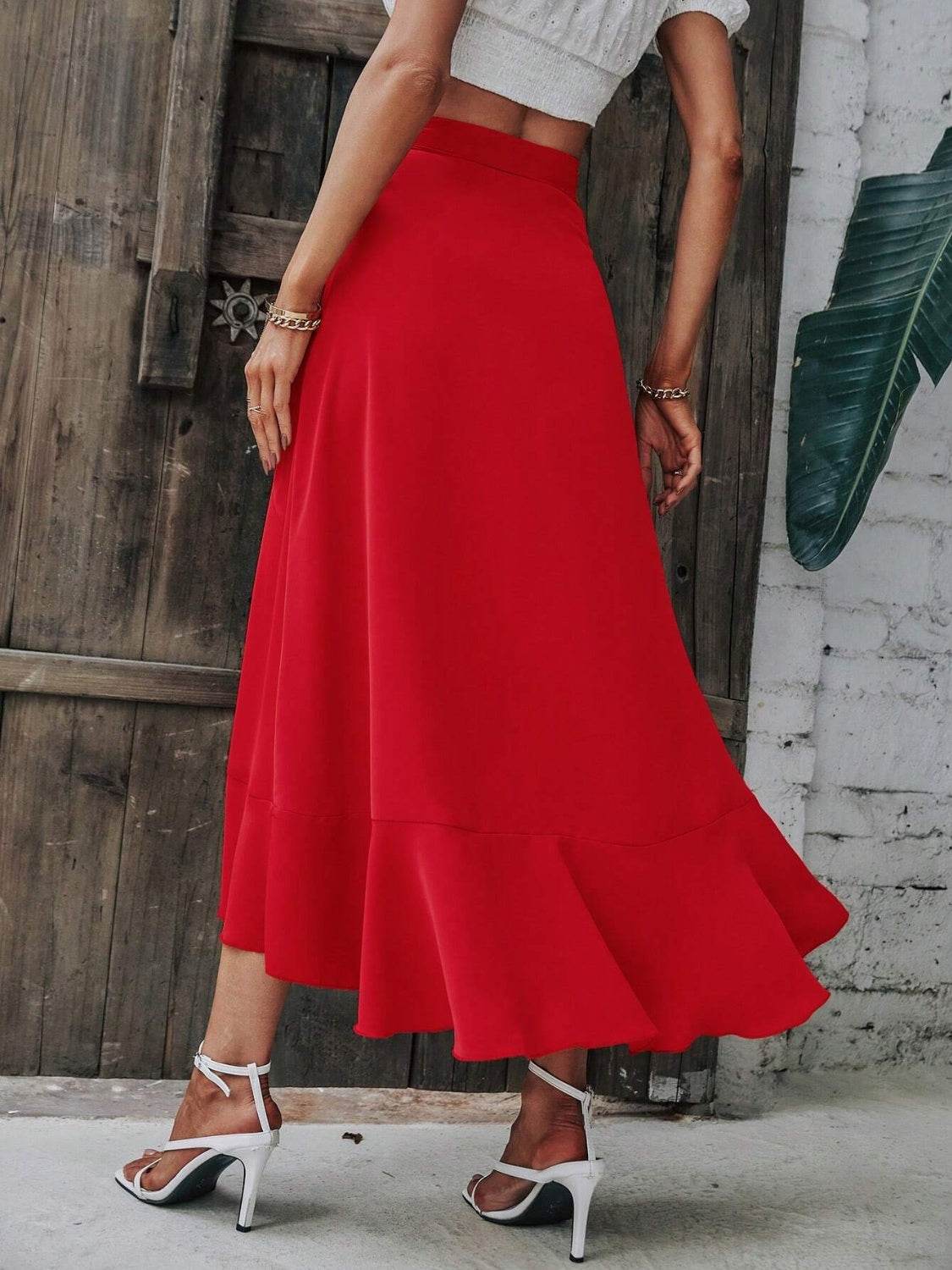 Tied Ruffled Midi Skirt - Delanoir
