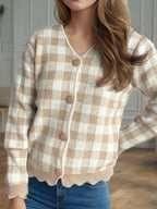 Plaid V-Neck Button Up Cardigan - Delanoir