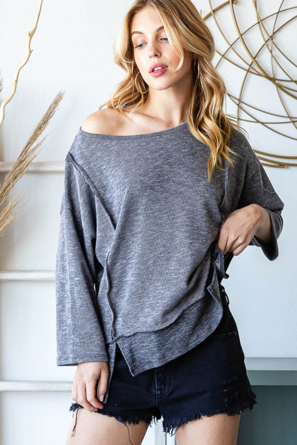 Reborn J Boat Neck Exposed Seam Slit Top - Delanoir