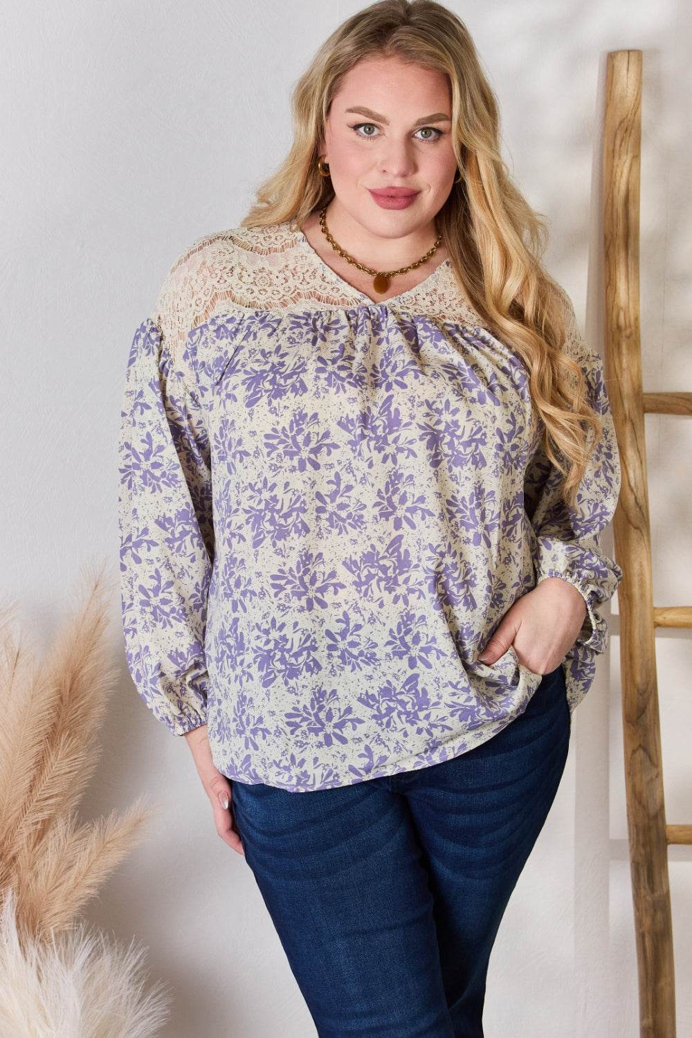 Hailey & Co Full Size Lace Detail Printed Blouse - Delanoir