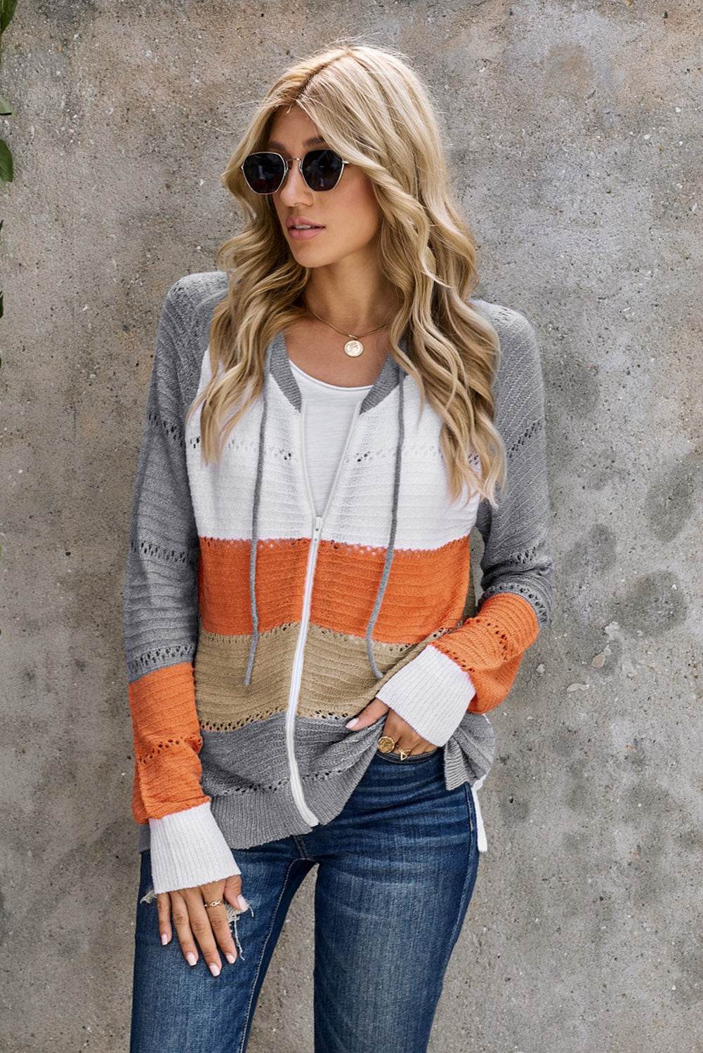Zip-Up Raglan Sleeve Openwork Hooded Cardigan - Delanoir