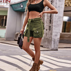 Tie Front Denim Shorts with Pocket - Delanoir