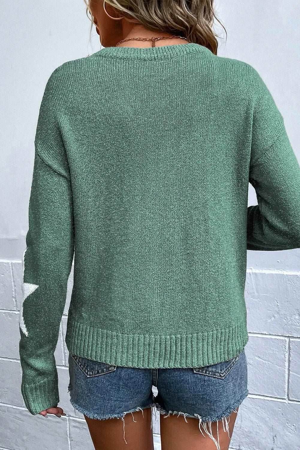 Star Round Neck Dropped Shoulder Sweater - Delanoir